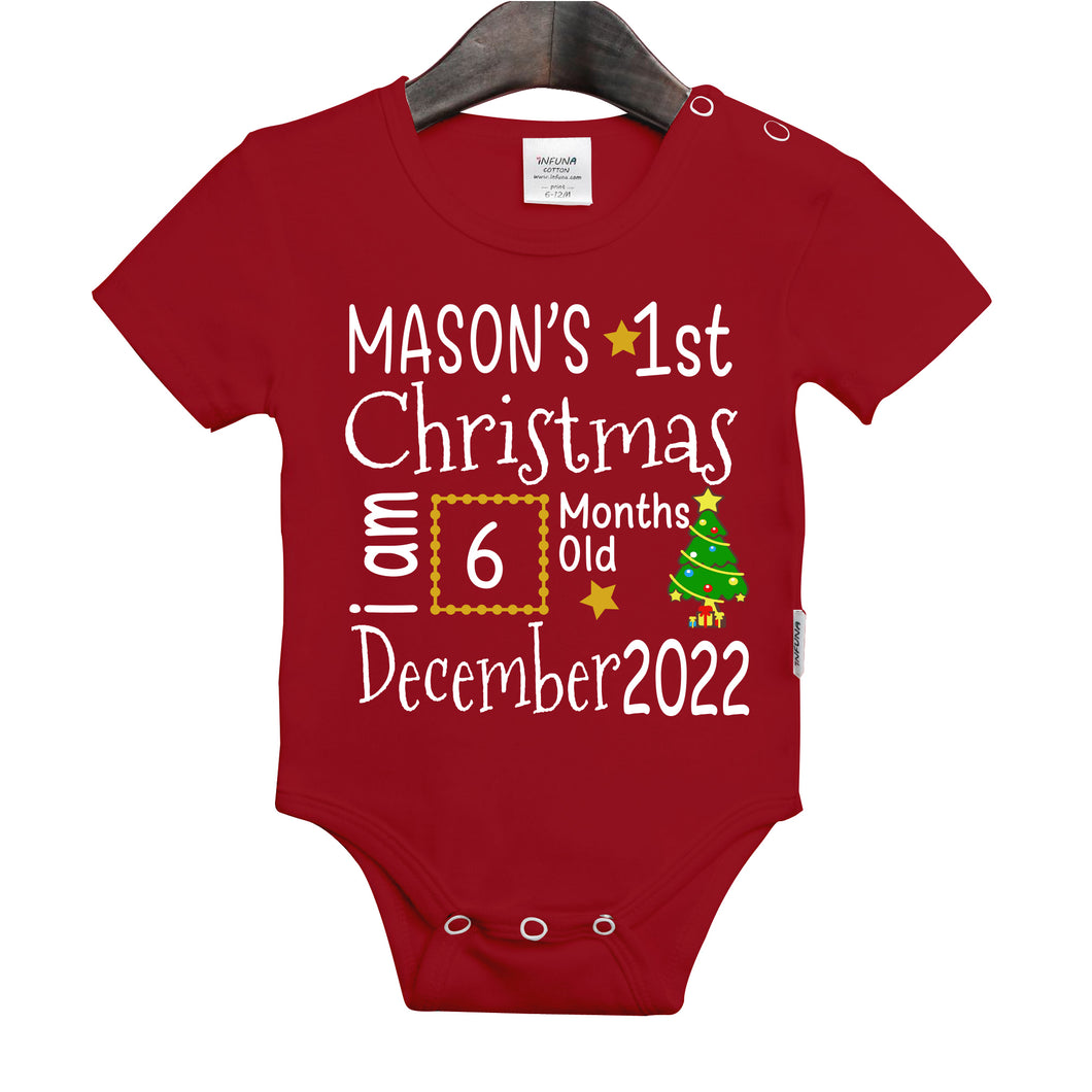 1st Christmas Baby Body Romper, Short Sleeves. Envelop Neck